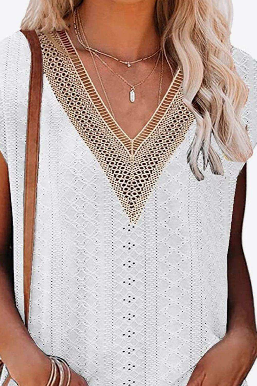 Eyelet Contrast V-Neck Tee - Trendsi - Flyclothing LLC