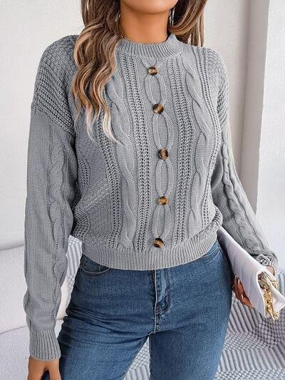 Cable-Knit Buttoned Round Neck Sweater - Trendsi