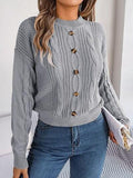 Cable-Knit Buttoned Round Neck Sweater - Trendsi