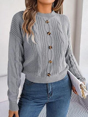 Cable-Knit Buttoned Round Neck Sweater - Trendsi