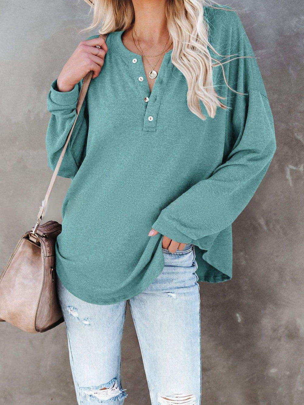 Buttoned Drop Shoulder Top - Trendsi - Flyclothing LLC