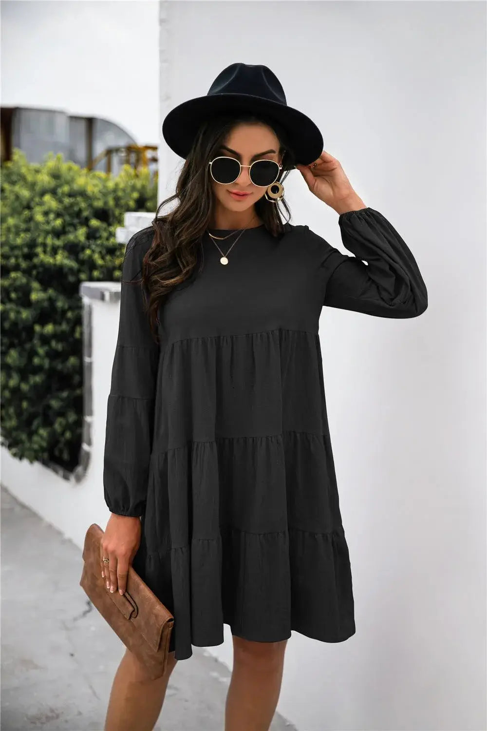 Balloon Sleeve Keyhole Tiered Dress - Trendsi - Flyclothing LLC