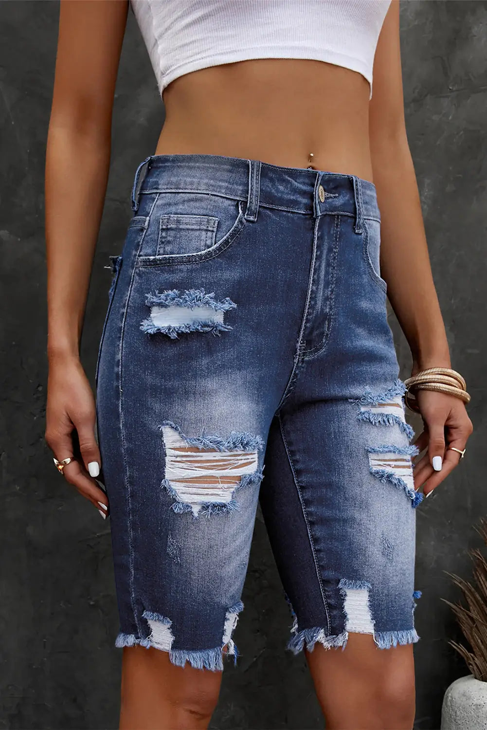 Distressed Frayed Hem Denim Bermuda Shorts - Trendsi - Flyclothing LLC