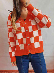 Checkered Open Front Button Up Cardigan - Trendsi