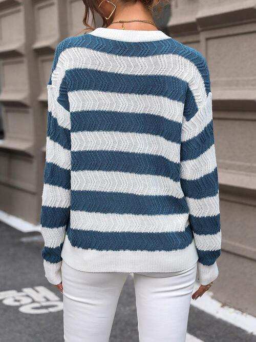 Striped Round Neck Dropped Shoulder Sweater - Trendsi - Flyclothing LLC