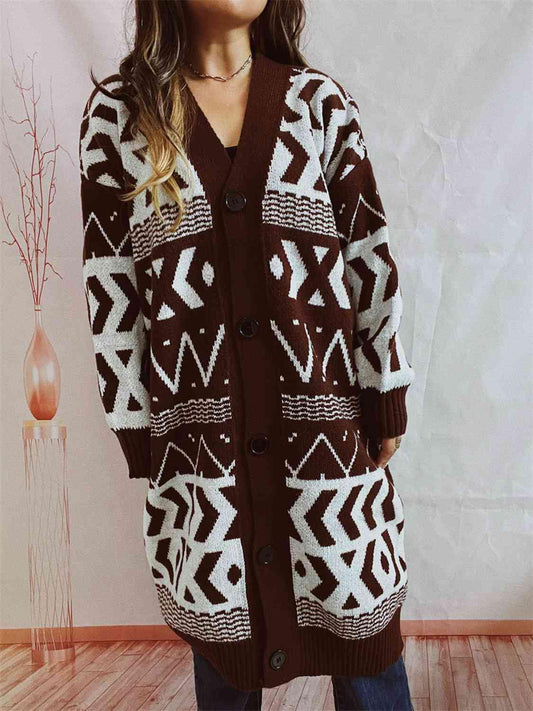 Geometric Button Front Longline Cardigan - Trendsi