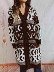 Geometric Button Front Longline Cardigan - Trendsi