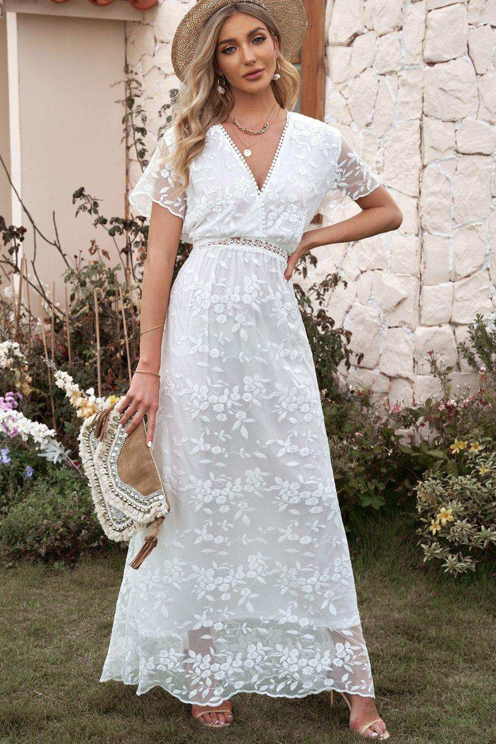 Embroidered Short Sleeve Surplice Neck Maxi Dress - Trendsi - Flyclothing LLC