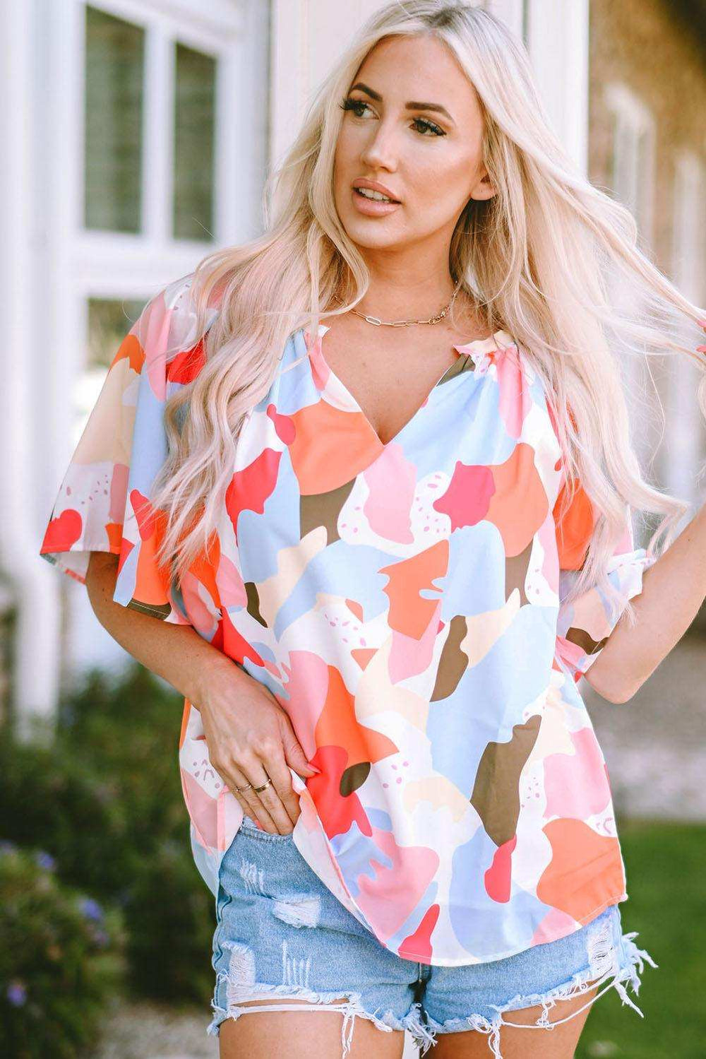 Printed Notched Neck Half Sleeve Blouse - Trendsi - Flyclothing LLC