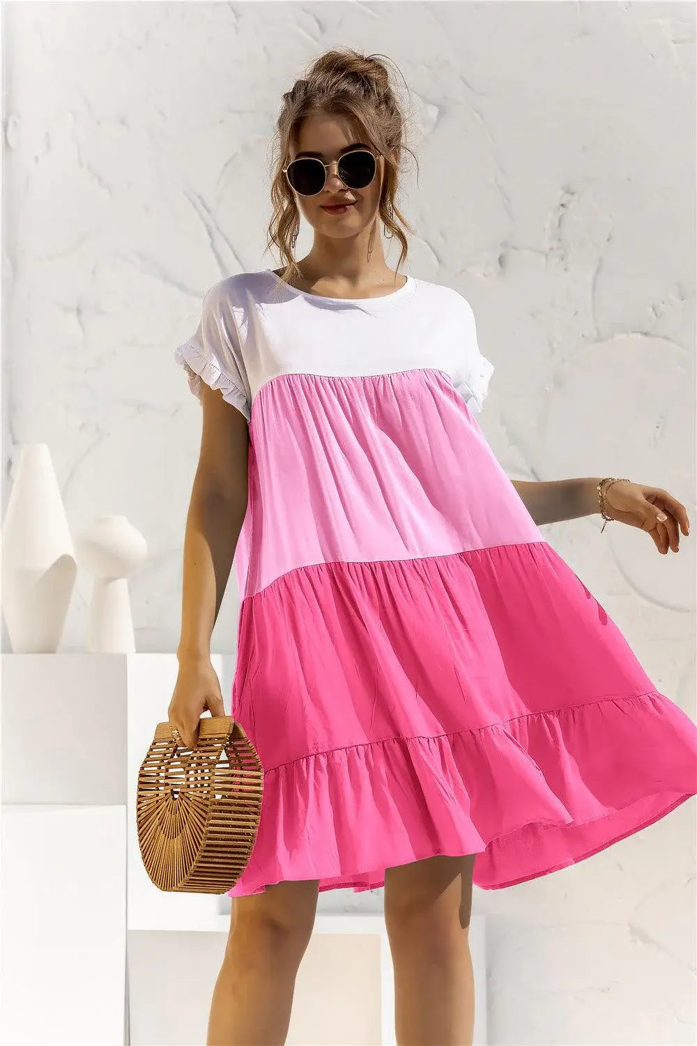 Color Block Round Neck Ruffle Hem Dress - Trendsi - Flyclothing LLC