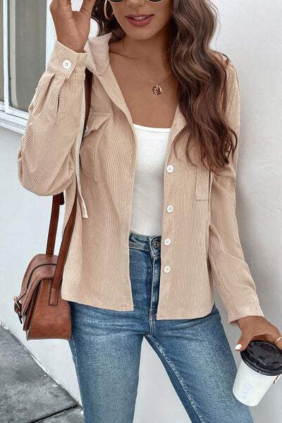 Ribbed Button Up Drawstring Hooded Jacket - Trendsi - Flyclothing LLC