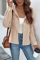 Ribbed Button Up Drawstring Hooded Jacket - Trendsi - Flyclothing LLC