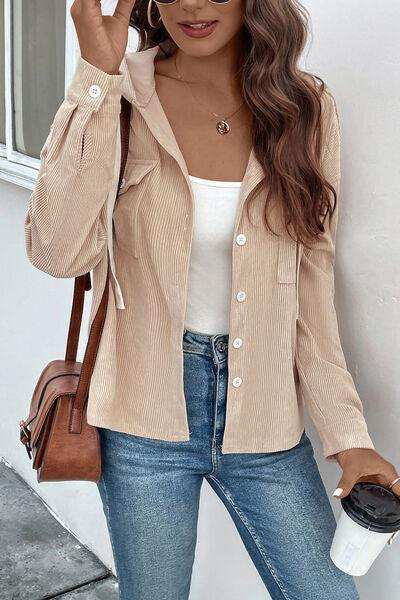 Ribbed Button Up Drawstring Hooded Jacket - Trendsi - Flyclothing LLC