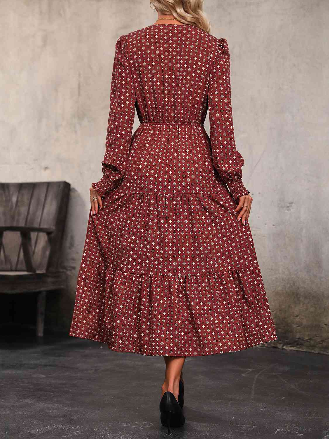 Printed Tiered V-Neck Buttoned Midi Dress - Trendsi - Flyclothing LLC