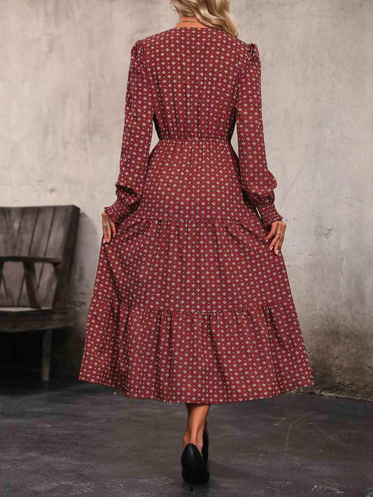 Printed Tiered V-Neck Buttoned Midi Dress - Trendsi - Flyclothing LLC