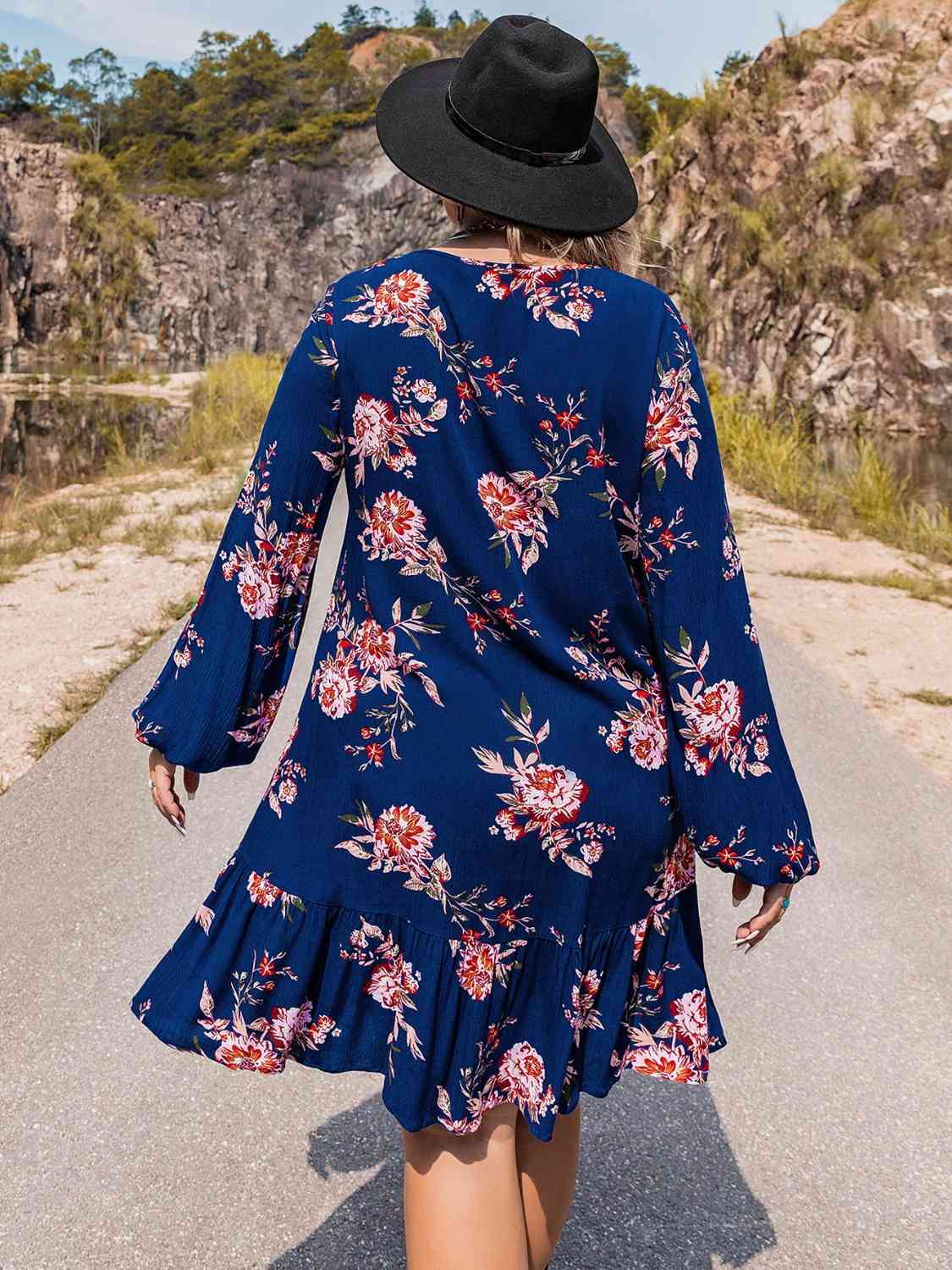 Plus Size V-Neck Long Sleeve Dress - Trendsi - Flyclothing LLC