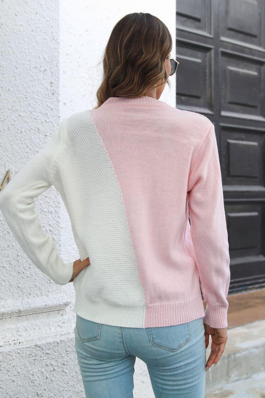 Contrast Color Round Neck Long Sleeve Sweater - Trendsi