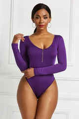 Half Zip Scoop Neck Long Sleeve Bodysuit - Trendsi - Flyclothing LLC