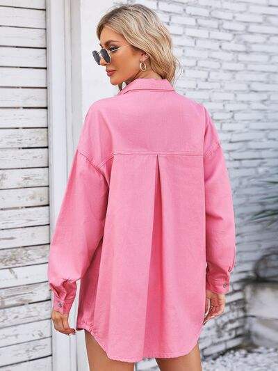 Pocketed Snap Down Dropped Shoulder Denim Shacket - Trendsi - Flyclothing LLC