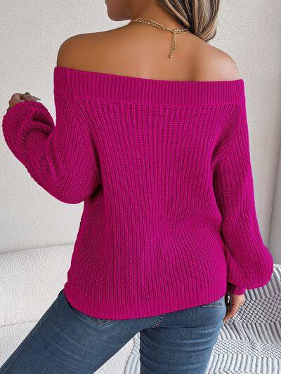Openwork Off-Shoulder Long Sleeve Sweater - Trendsi