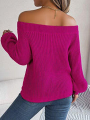 Openwork Off-Shoulder Long Sleeve Sweater - Trendsi