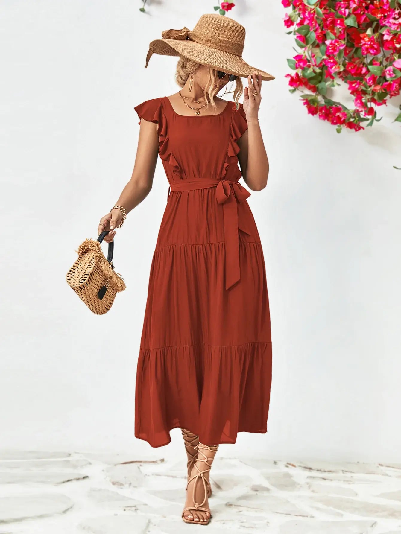 Tie Belt Ruffled Tiered Dress - Trendsi - Flyclothing LLC
