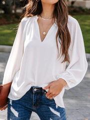 Notched Neck Long Sleeve Blouse - Trendsi
