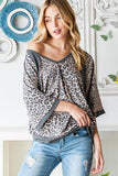 Heimish Full Size Leopard Contrast V-Neck Half Sleeve T-Shirt - Trendsi