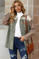 Snap Front Hooded Corduroy Shacket - Trendsi - Flyclothing LLC