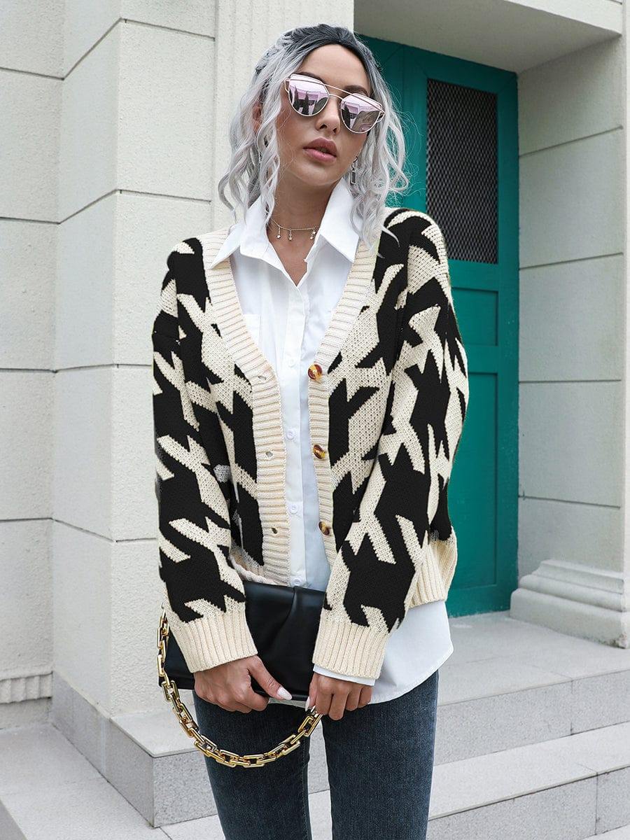 Houndstooth Button Down Cardigan - Trendsi