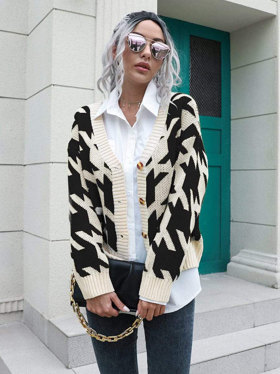 Houndstooth Button Down Cardigan - Trendsi - Flyclothing LLC