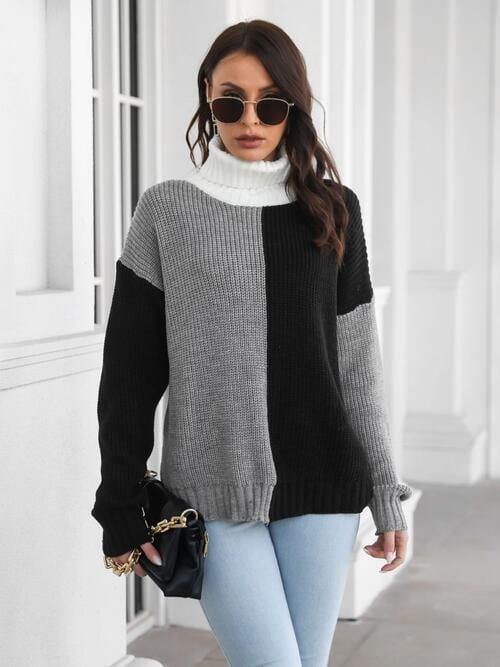 Contrast Turtleneck Long Sleeve Sweater - Trendsi