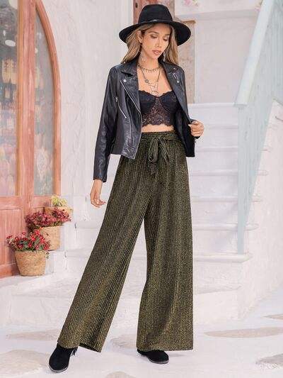 Ribbed Tied Wide Leg Pants - Trendsi - Flyclothing LLC