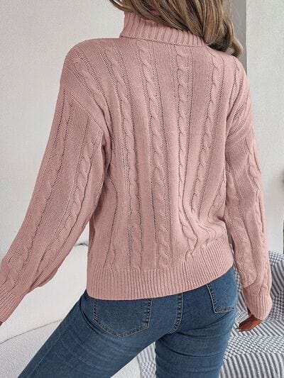 Cable-Knit Turtleneck Dropped Shoulder Sweater - Trendsi