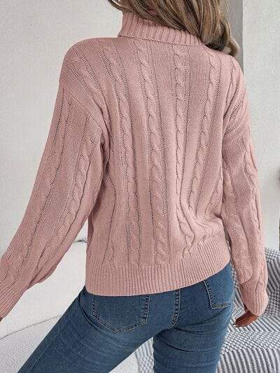 Cable-Knit Turtleneck Dropped Shoulder Sweater - Trendsi - Flyclothing LLC