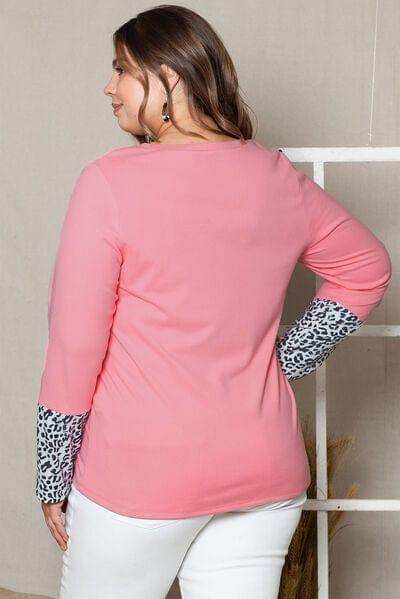 Plus Size Leopard Round Neck Long Sleeve T-Shirt - Trendsi - Flyclothing LLC