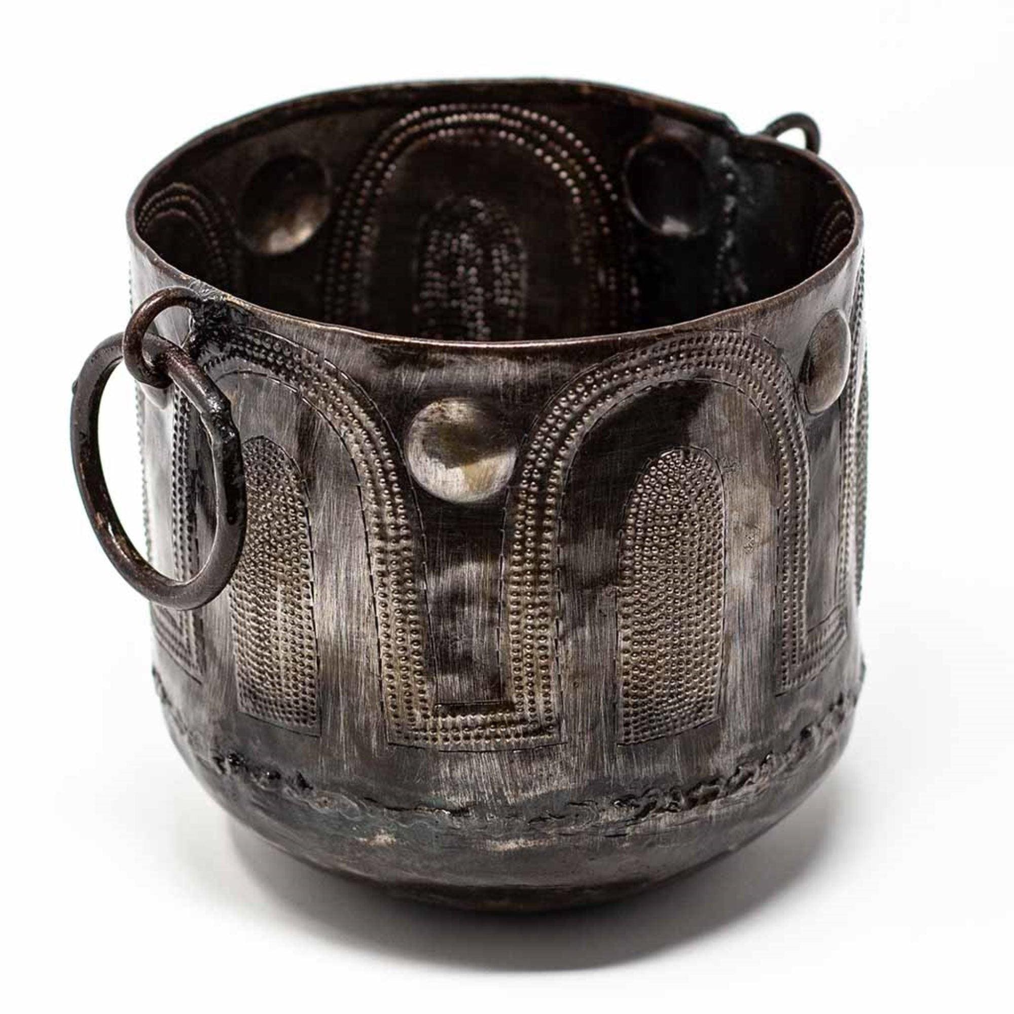 Hammered Metal Container with Round Handles - Croix des Bouquets - Croix des Bouquets