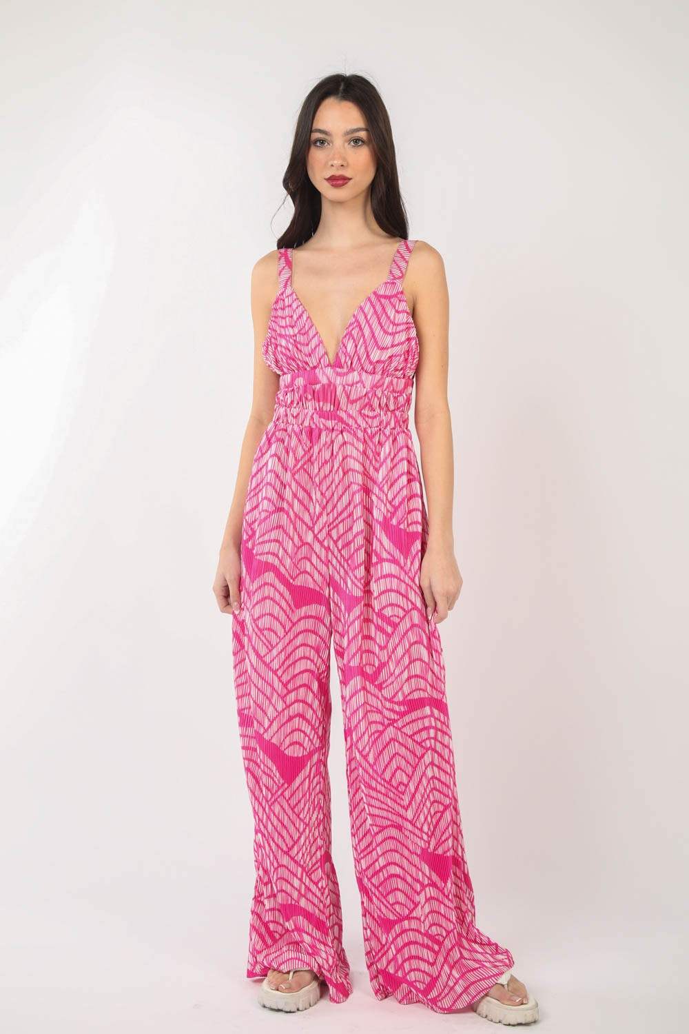 VERY J Printed Pleated Sleeveless Wide Leg Jumpsuit - Trendsi - Flyclothing LLC