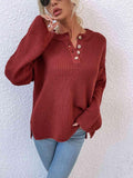 Quarter-Button Slit Sweater - Trendsi