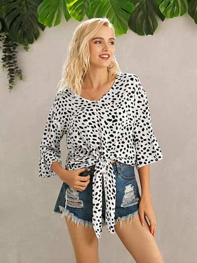 Tied Printed Button Up V-Neck Blouse - Trendsi - Flyclothing LLC
