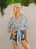 Tied Printed Button Up V-Neck Blouse - Trendsi - Flyclothing LLC