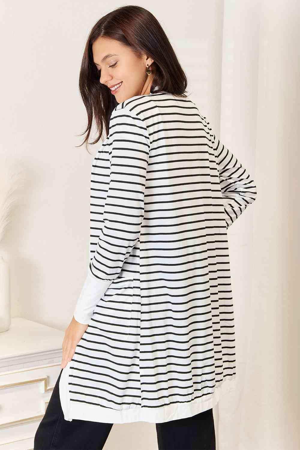 Double Take Striped Open Front Longline Cardigan - Trendsi - Flyclothing LLC