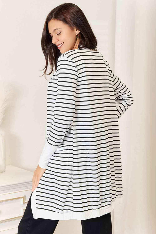 Double Take Striped Open Front Longline Cardigan - Trendsi - Flyclothing LLC