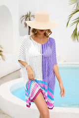 Contrast Scoop Neck Openwork Half Sleeve Cover Up - Trendsi - Flyclothing LLC