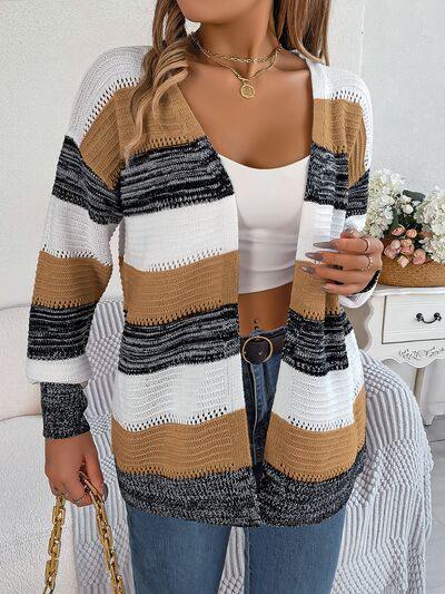 Openwork Striped Open Front Cardigan - Trendsi