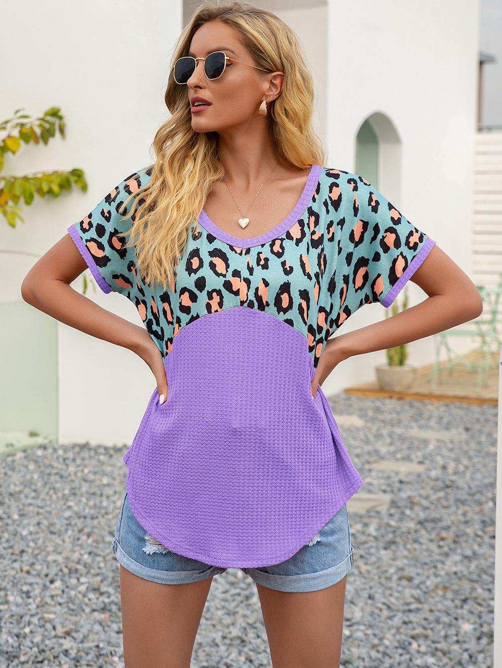 Leopard Waffle-Knit Short Sleeve Top - Trendsi - Flyclothing LLC