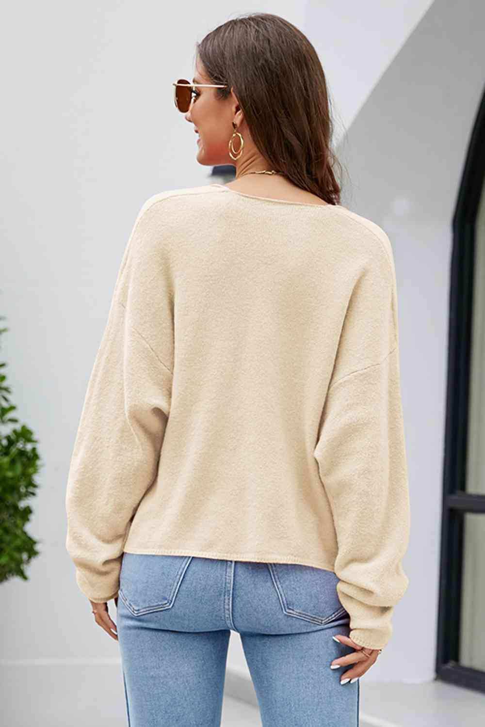 V-Neck Drop Shoulder Long Sleeve Knit Top - Trendsi - Flyclothing LLC