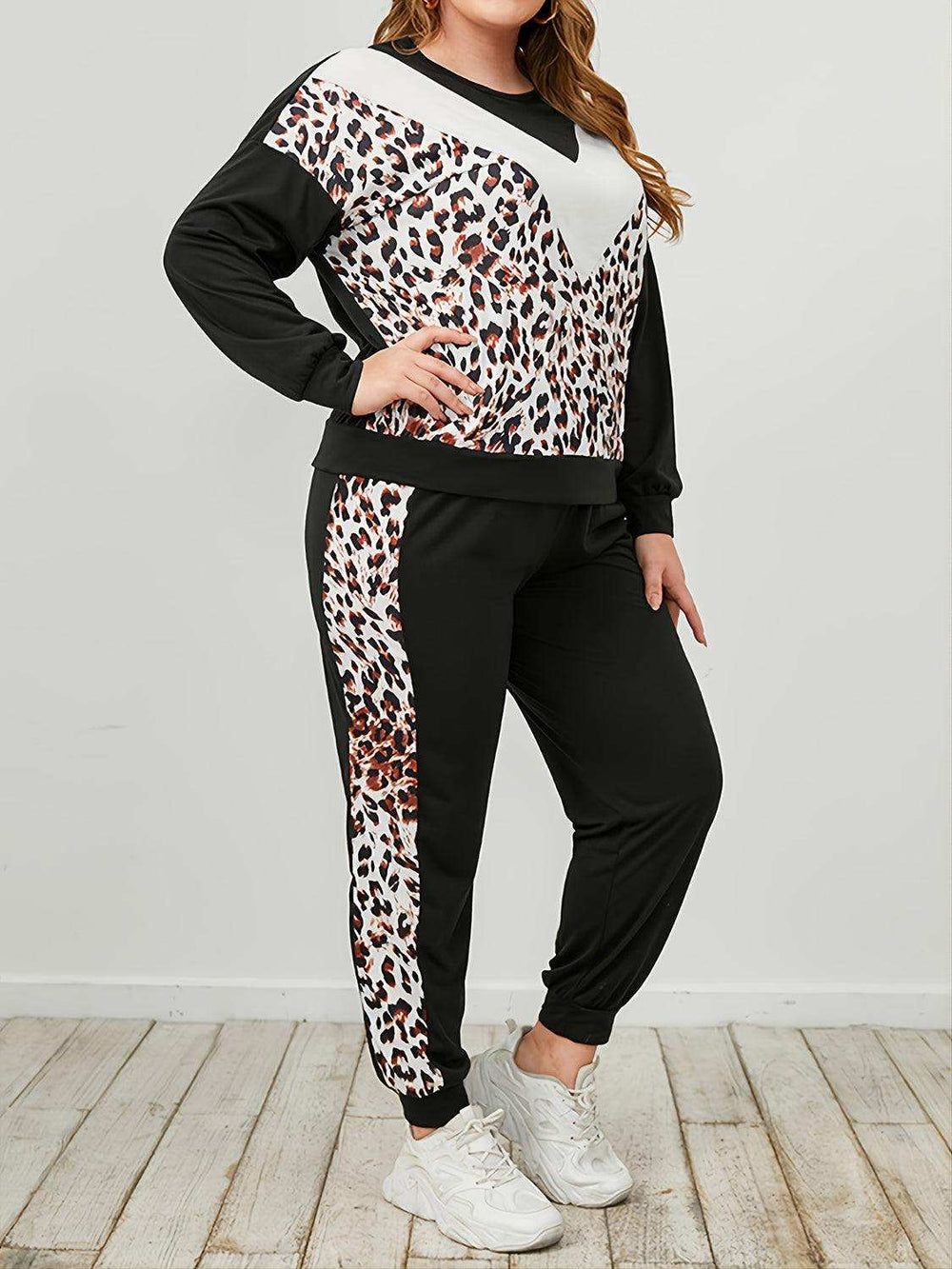 Plus Size Leopard Sweatshirt and Sweatpants Set - Trendsi - Flyclothing LLC