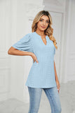 Eyelet Short Puff Sleeve Notched Neck Top - Trendsi - Flyclothing LLC