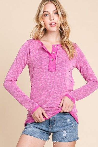 Reborn J Contrast Trim Half Button Long Sleeve T-Shirt - Trendsi - Flyclothing LLC